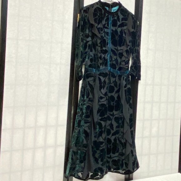 Rick Rhe Handmade Italy Silk Velvet Devore ¾ Sleeve Lined High Neck Ruffle Dress - Picture 3 of 13